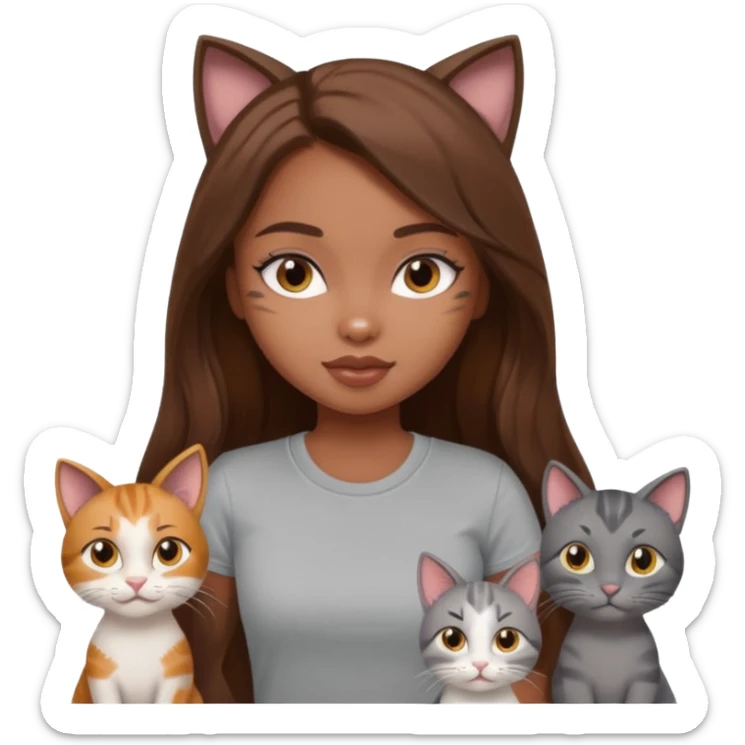 a pretty bratz dusky girl with long brown hair with six cats nd wearing a grey tshirt sticker