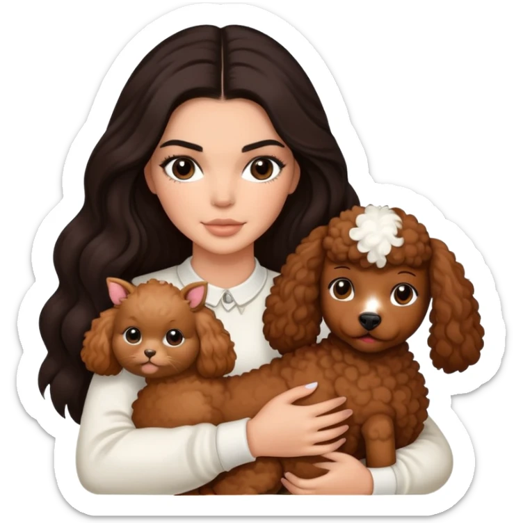 Kendall Jenner with long dark hair holding a brown poodle and a cow cat in her arms sticker