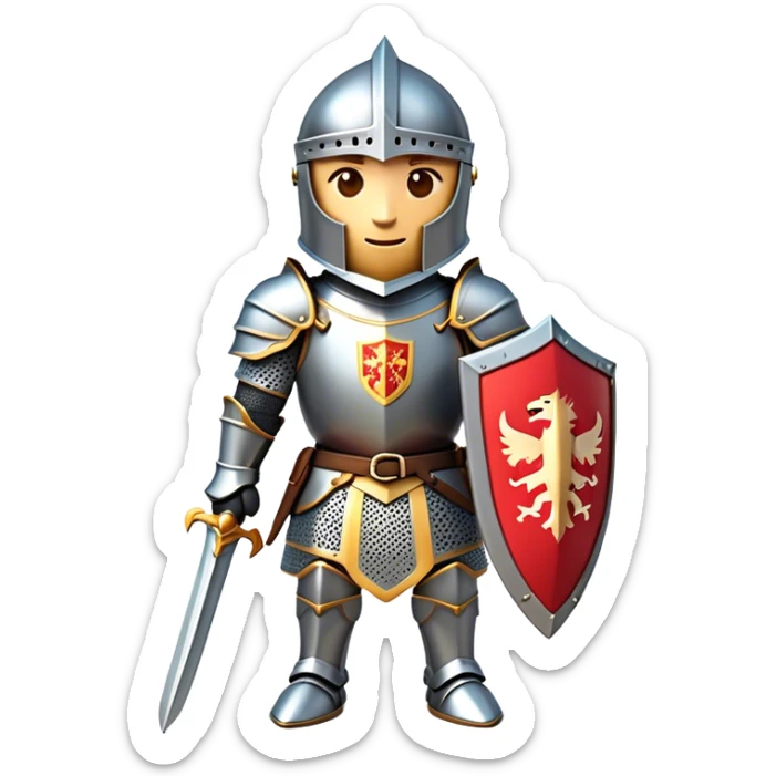 Clash of Clans aesthetic: Cinematic Playful Armored Knight Hero Emoji, rendered in a 3D vector-style similar to standard emojis with minimal shading and bold, simplified shapes. A compact, isometric warrior clad in gleaming plate armor with intricate heraldic details, softly glowing with a chivalrous medieval charm. Simplified yet unmistakably iconic, highly detailed and consistent, glowing with a soft radiant shine and high polish. Stylized with a touch of noble valor and a soft glowing outline, capturing the essence of a gallant knight ready for honorable battle with a friendly, playful manner! sticker