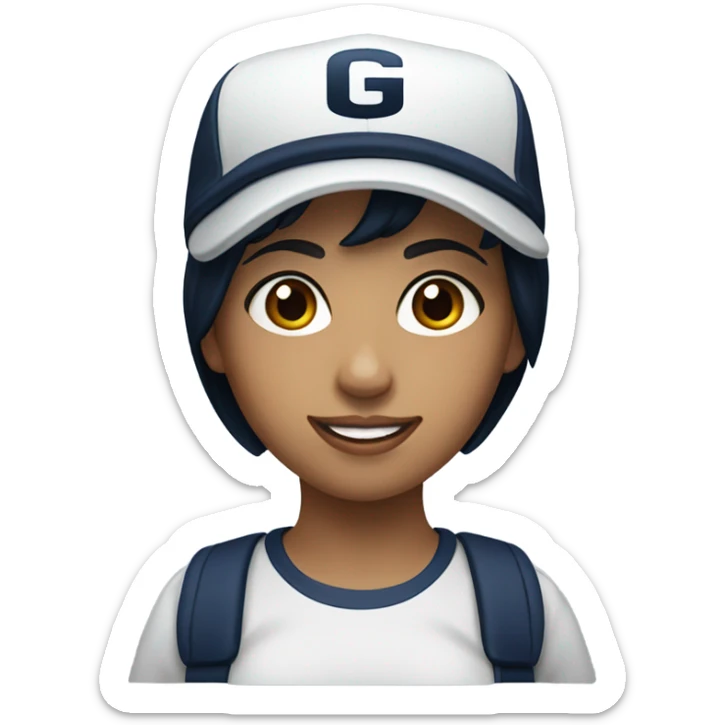 Black hair white girl brown eyes wearing navy ballcap emblazoned with a G logo  sticker