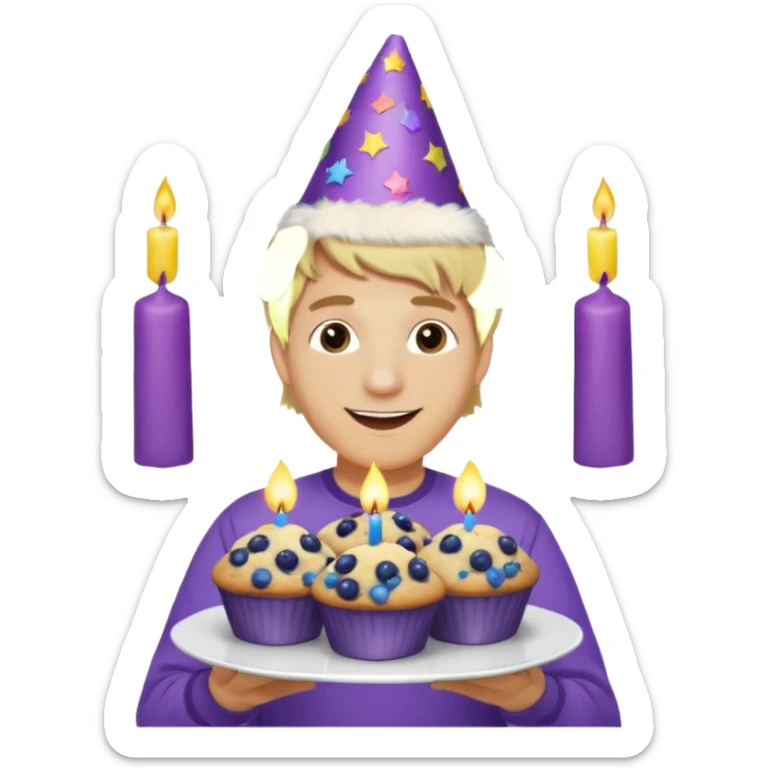 Man with blonde hair wearing purple shirt and a party hat holding several blueberry muffins either candles in them  sticker