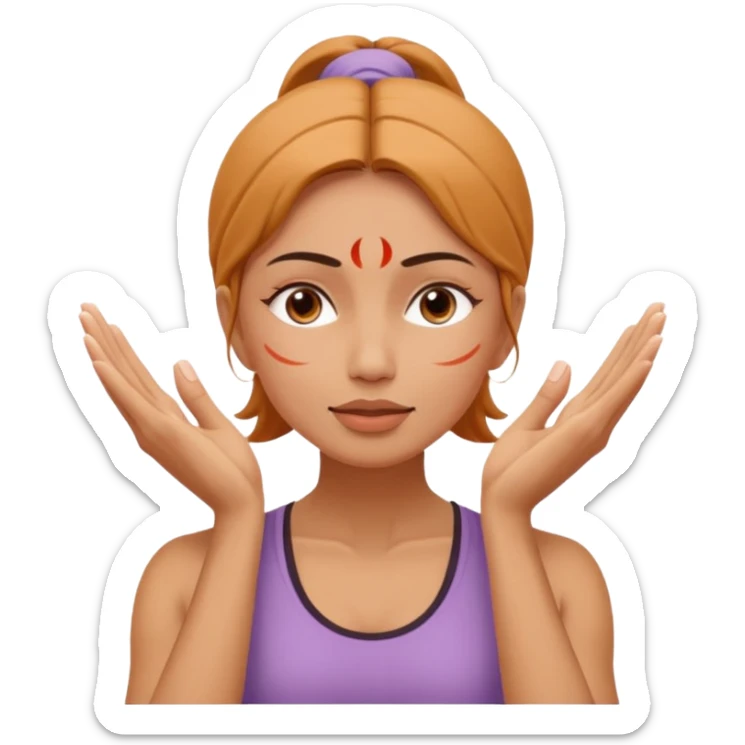 Minimal emoji of a woman performing face yoga, both hands placed on the face, fingers pressing and lifting facial muscles, clear hand-on-face exercise movement, simple wellness icon style, no beauty or medical elements

 sticker