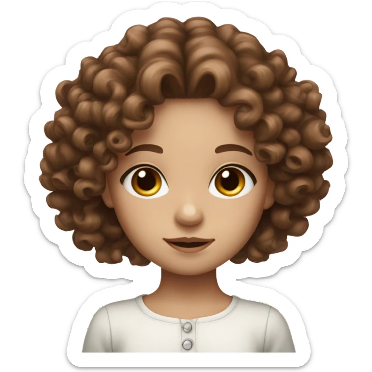 feminine girl, curly long brown hair, white skin, cute, brown dolly eyes sticker