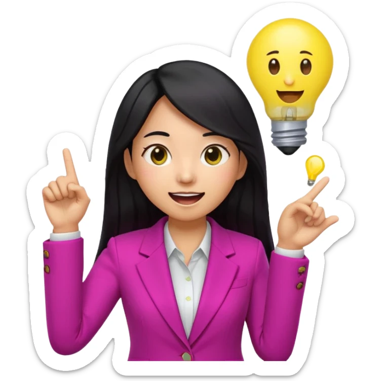 Cute 3D emoji of a Korean woman in a magenta blazer, long black hair and big brown eyes, with a light bulb above her head, excited expression, finger pointing up, solid lemon yellow background. sticker