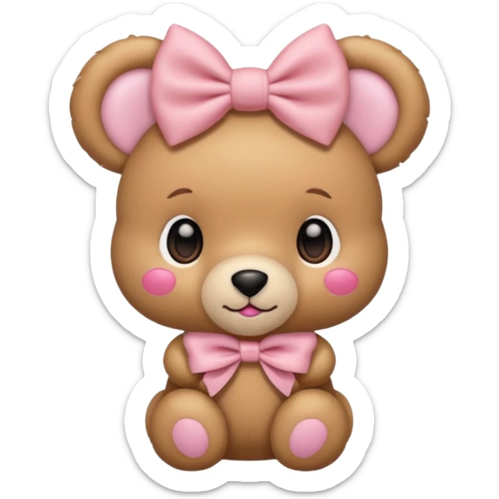 The og emoji teddy bear eith some pink blush and a cute pink coquette bow in the ear sticker