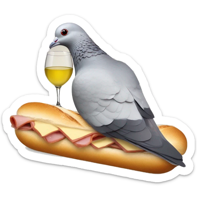 Pigeon with a PSG football club lying on a ham and butter baguette sandwich, drinking white wine sticker