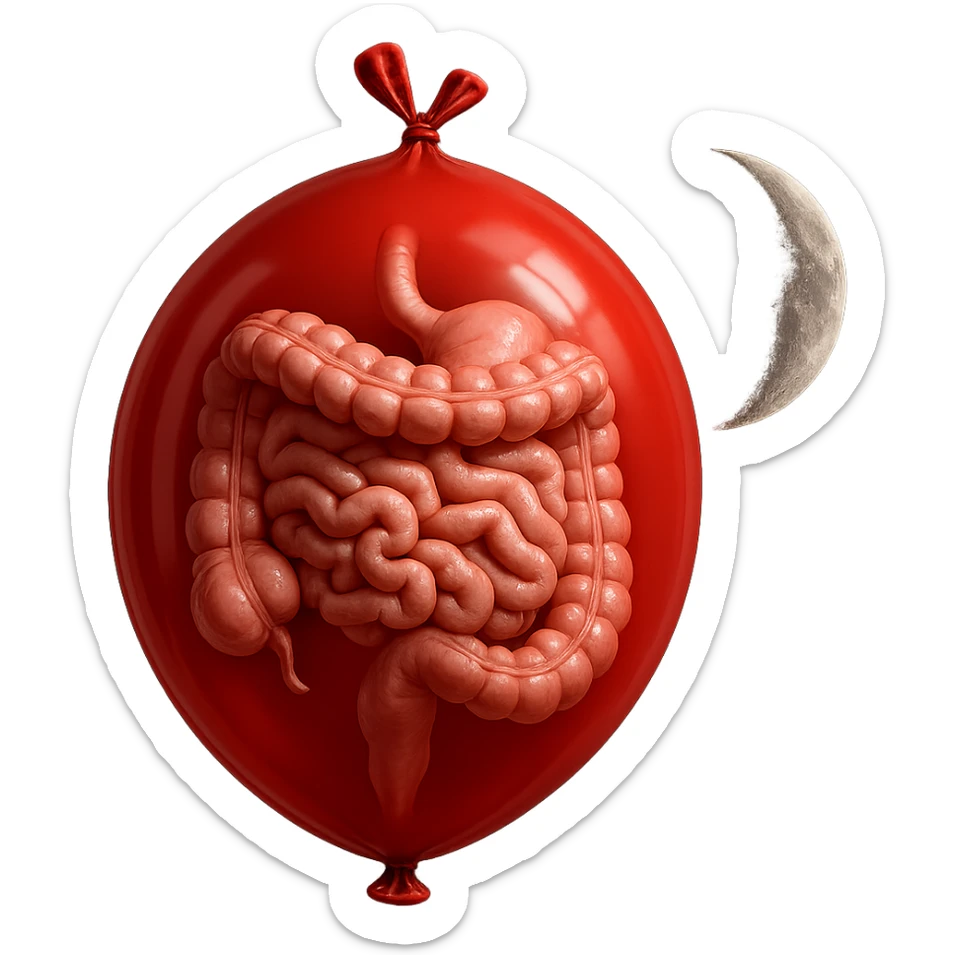 intestino umano anatomico chiuso in un palloncino rosso che simboleggia gonfiore, accanto una mezza luna che simboleggia "gonfiori di sera", iperrealistico 4k sticker