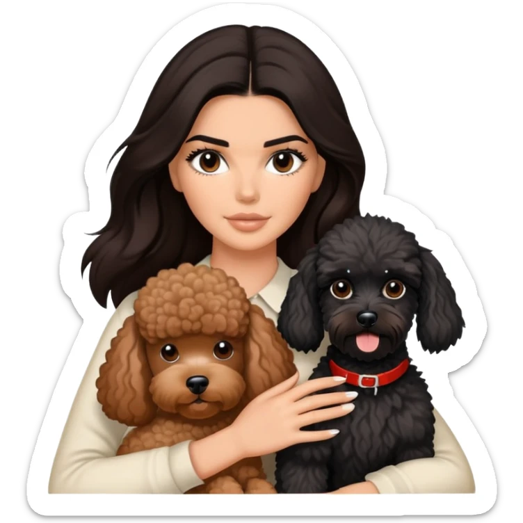 Kendall Jenner with long dark hair holding a brown poodle and a black schnauzer sticker