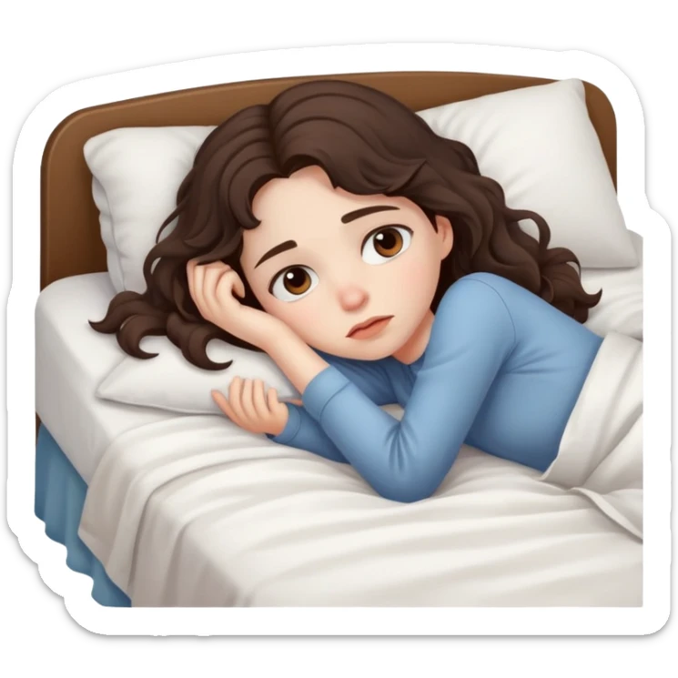 a very tired young girl with wavy dark brown hair laying on her bed sticker