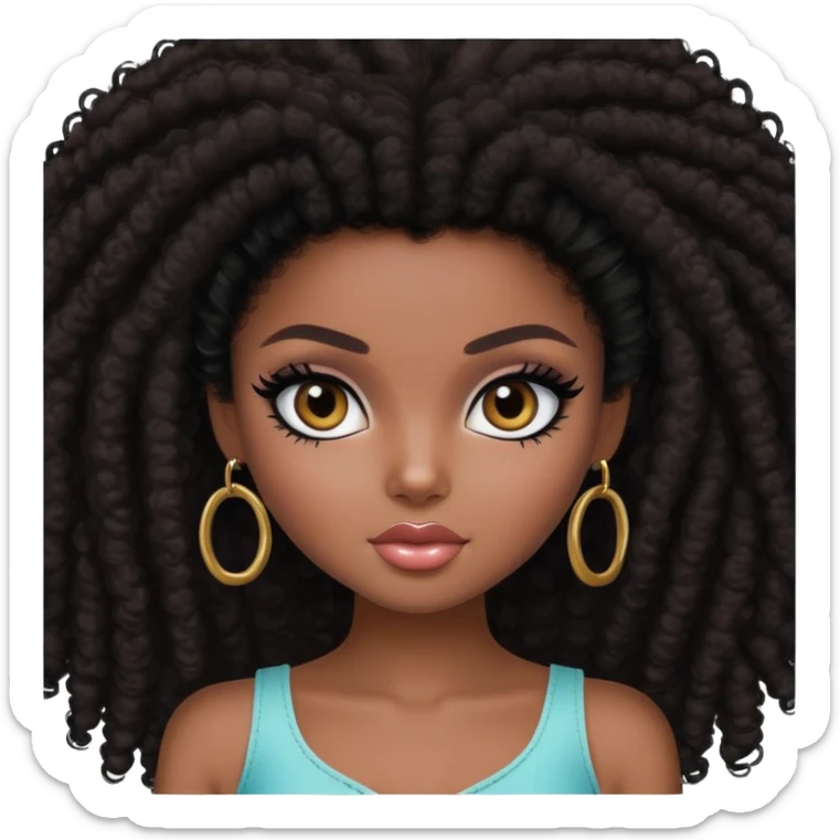 pretty bratz girl, dark brown afro, dark brown eyes, black eyeliner, deep black skin sticker