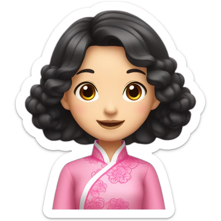 asian girl smiling, wavy black hair posing with pink ao dai full body side pose sticker