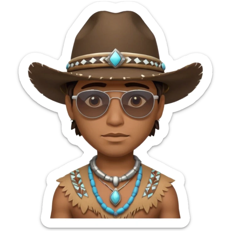 cute Indigenous tribal male portrait, head and shoulders only, cowboy hat, sunglasses, tribal jewelry, confident expression, 3D cartoon, mobile game icon style, clean background, no text, no watermark
 sticker