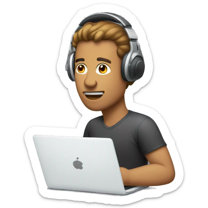 man in headphones talking hold laptop and phone only upper part of body  sticker