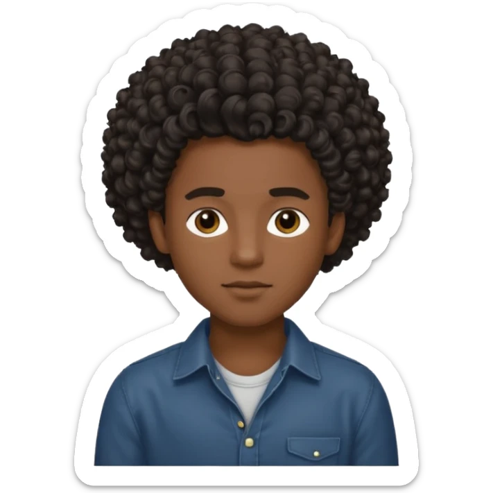 Garoto estiloso, bonito, gentil, de pele negra com cabelo cacheado e grande sticker
