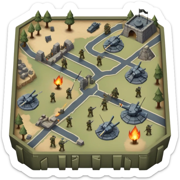 An icon showing a strategic battle scene with a top-down view of an army, inspired by classic strategy games. The interface displays unit icons, a minimap, and resource counters. Soldiers and siege weapons engage in combat on detailed terrain. Transparent background. sticker