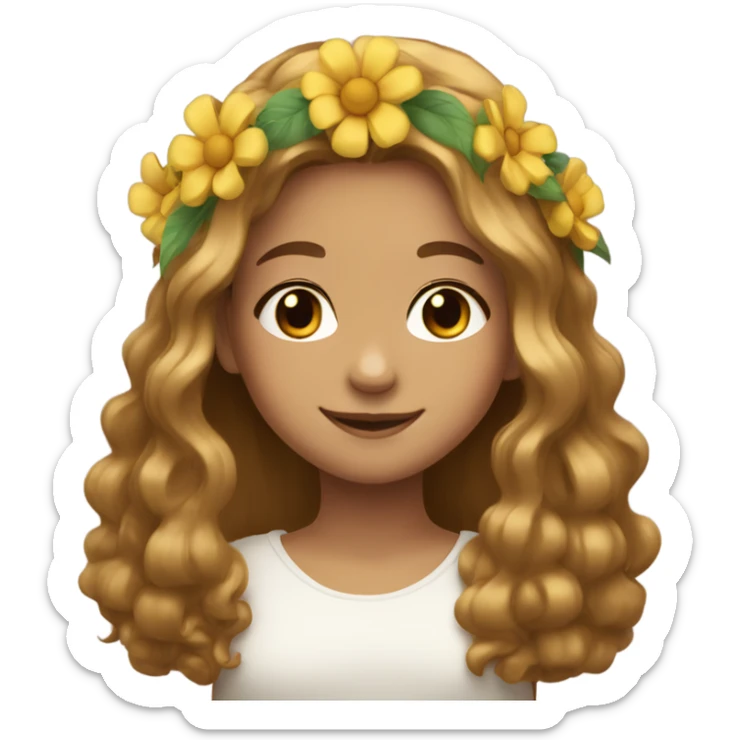 smiling girl with flower crown，Her hair is golden brown, long hair sticker