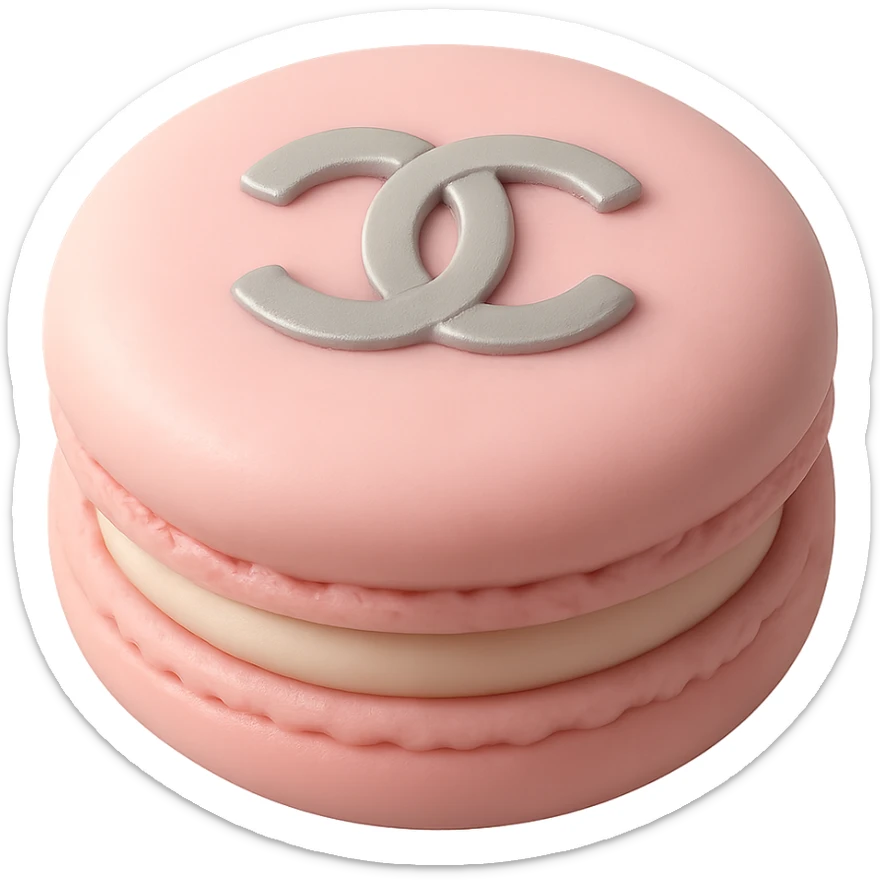 pastel Chanel macaron with a silver logo, fondant cake art style sticker