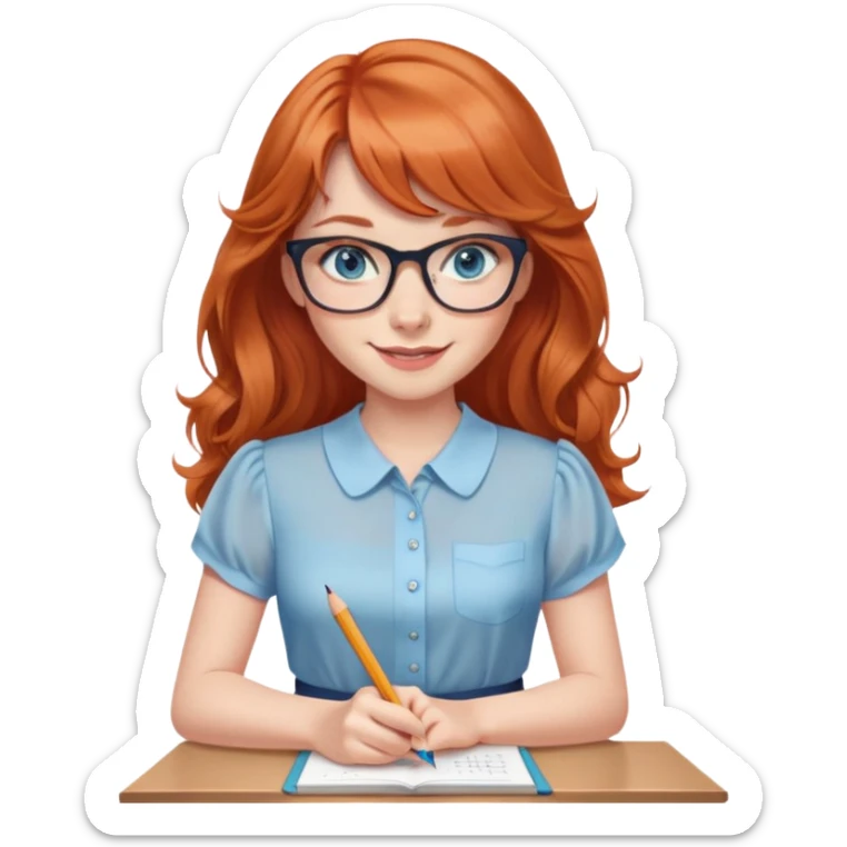 redheaded woman with long wavy hair and bangs, blue eyes, clear cat-eye glasses, short-sleeve apricot blouse, pencil skirt, holding a pencil, smiling sticker