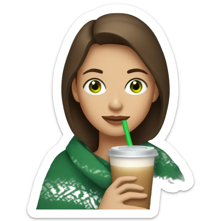 Woman with green eyes and brown hair cozy with a blanket drinking iced coffee sticker