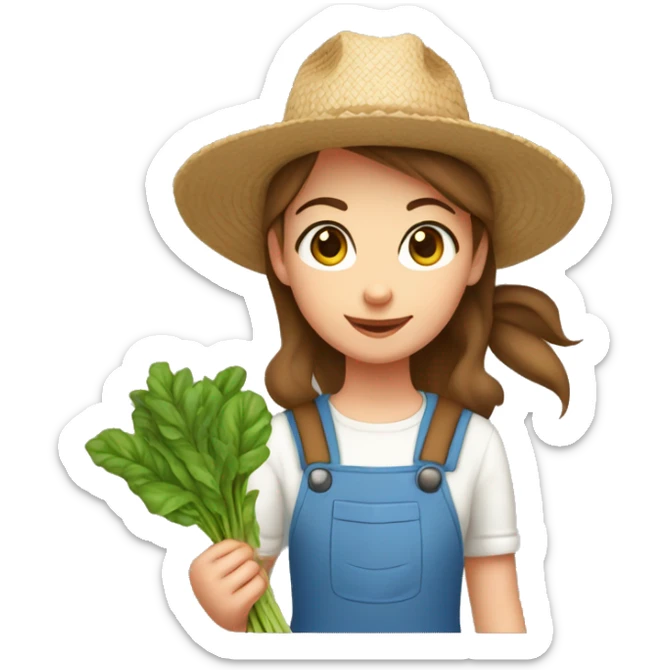 farmer girl blue eyes, brown hair, with a straw hat, ponytail, holding greens sticker