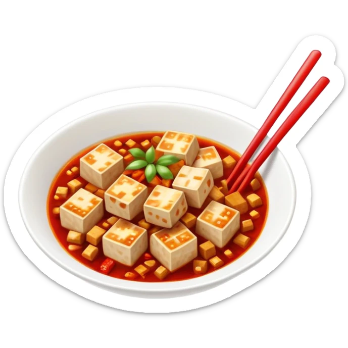 Sichuan Mapo Tofu spicy red dish with tofu cubes, simplified emoji style with bold outlines and bright colors, cartoon style national famous Chinese cuisine sticker