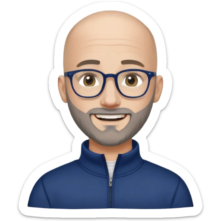 Caucasian man with skin fade haircut (bald on sides fading to short on top), short beard with gray streaks, large black eyeglasses, cheerful expression, navy blue long sleeve sweatshirt with quarter zip sticker