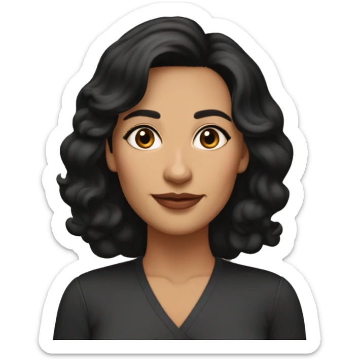 Middle-aged woman, black wavy medium length hair, tan skin, aquiline nose, medium full lips, dark brown eyes, medium thin brows, oval face sticker