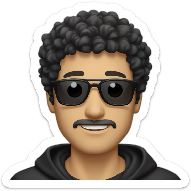 Caucasian man with black curly hair and stubble wearing black hoodie and sunglasses  sticker