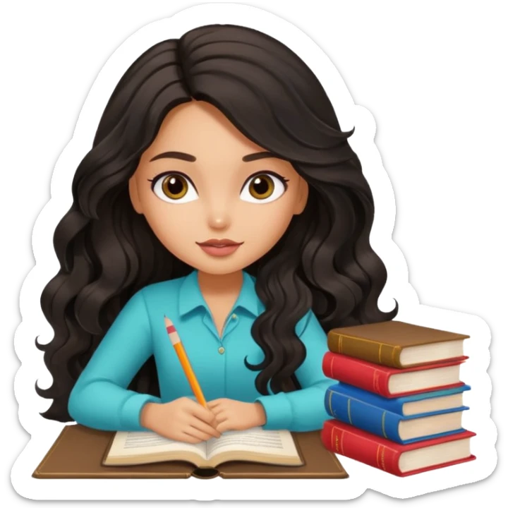 a pretty tan bratz girl with black wavy long hair studying. Pile of books on the table. No glasses sticker