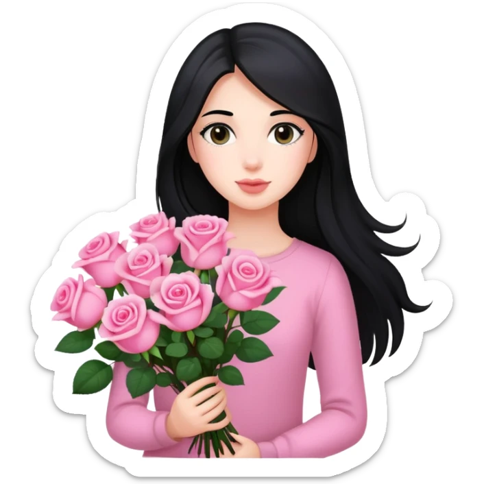 A beautiful girl with long black hair holding a bouquet of pink roses sticker