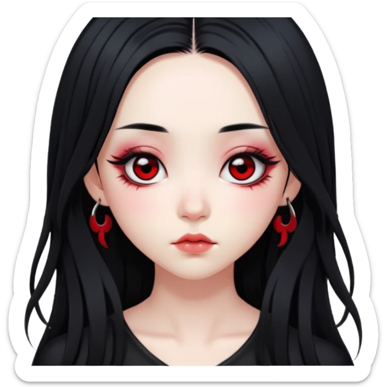 goth Asian girl. long hair. shaggy middle part hair. big dark eyes and eyelashes. red blush. sticker