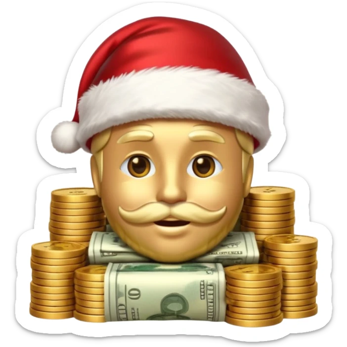 A confident rich emoji face wearing a Santa hat, money stacks, casino vibe, New Year theme, premium 3D emoji style, sharp details, no text, isolated on transparent background sticker