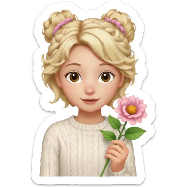 blonde hazel eyes girl holding a flower with a white cable knit sweater and a curly messy bun with tendrils of hair flowing down her face and she is happy pale, some freckles, blush sticker
