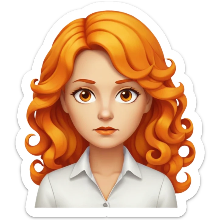 nữ 40 tuổi, da vàng, tóc dài xoăn phần đuôi màu cam, mặt nghiêm túc, áo trắng ko có cổ sticker