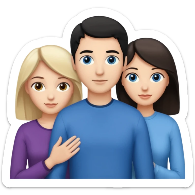 3 people. Throuple. Blank woman with blond hair and blue eye color on left. And also a blank man with black hair and grey eye color in the middle. And a blank woman with brown hair and grey eye color on the right. Holding each other sticker