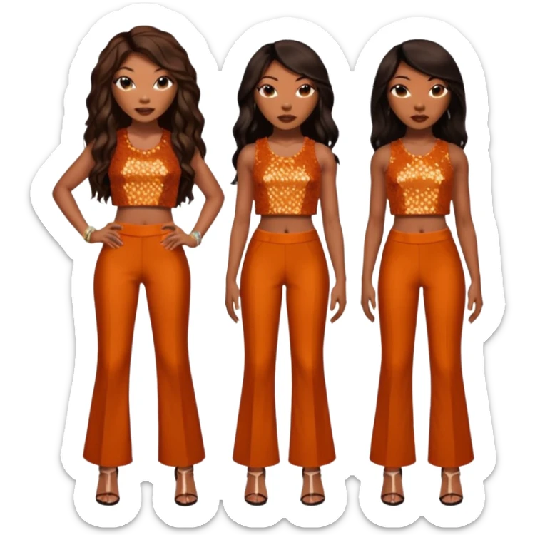Brandy Norwood with dark brown long hair, burnt orange sequin crop top and pants sticker