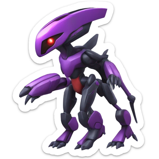 a shiny black-purple-red Genesect-Flygon-Raptor-Fakémon-Medabot-hybrid with a futuristic visor-helmet full body sticker