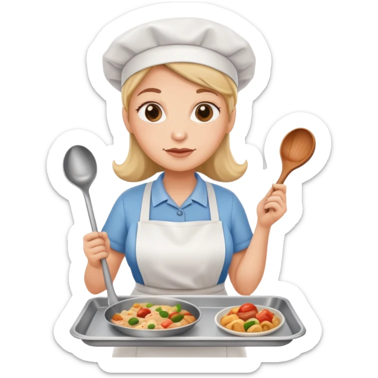 lunch lady holding a ladle and a tray with gross food, cartoonish sticker