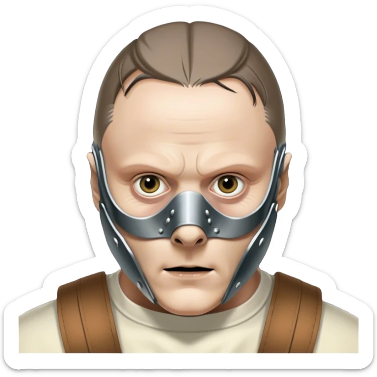 Icon for Hannibal Lecter (Anthony Hopkins): A chilling design with a close-up of Hannibal's face wearing the iconic muzzle mask. Dark, ominous background with sharp lighting to emphasize his intense gaze. A sinister, psychological thriller atmosphere. Transparent background. sticker