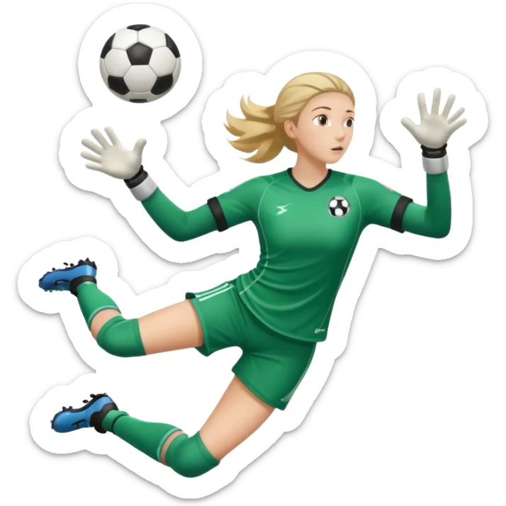 make a girl goalie diving through the air sideways with one soccer ball in both  hands  sticker