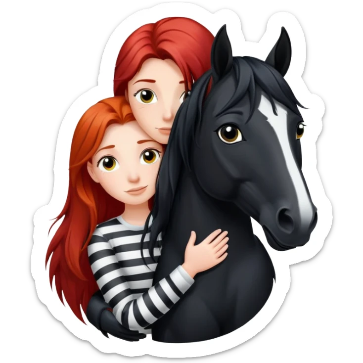 A red-haired girl with long hair hugs a black horse with a white stripe on her face and a black mane sticker