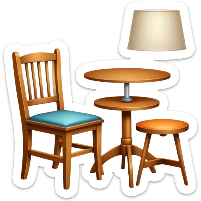 Icon for Furniture Design: a drawing of furniture elements, such as a chair or table, with a 3D model of the piece displayed alongside. The icon should represent the process of designing and modeling furniture. Transparent background. sticker