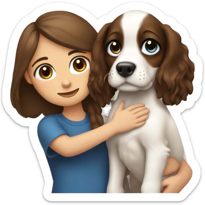spaniel dog in the arms of a blue-eyed brunette girl sticker