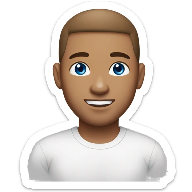 A guy with blue eyes, light skin, shaved brown hair under 0.5, white T-shirt, silver earring piercing with cross on left ear. sticker