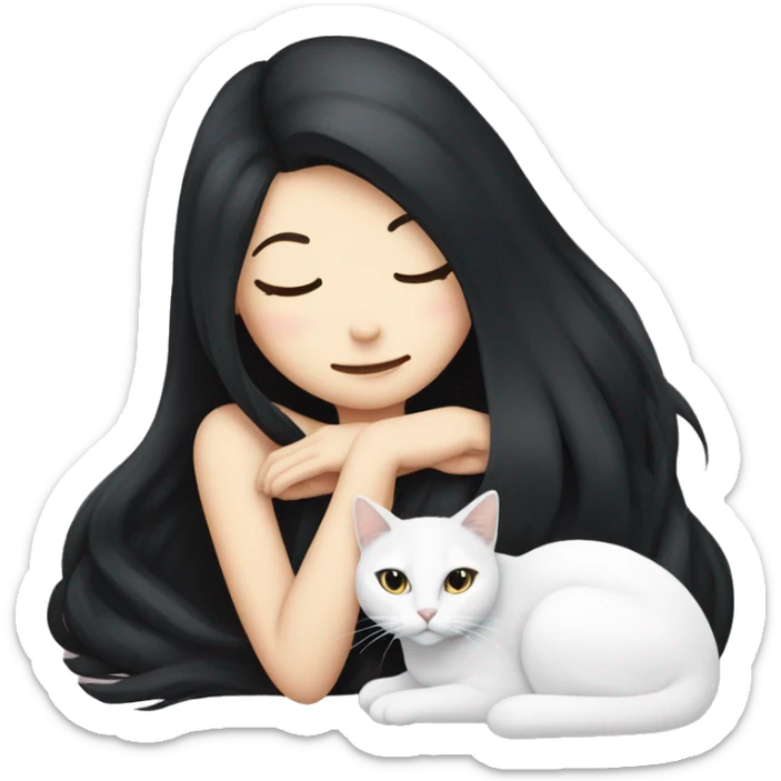 A pretty white girl with very long black hair and sleeping curled up to a white cat  sticker