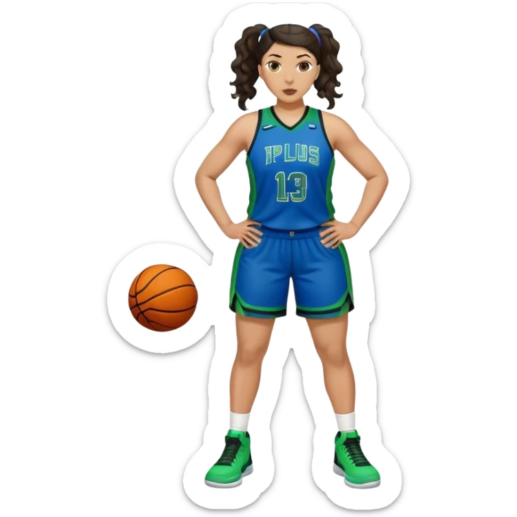 full body plus size light skin  latino women basketball player with wavy dark hair in pony tail wide nose wearing blue uniform with green accent sticker