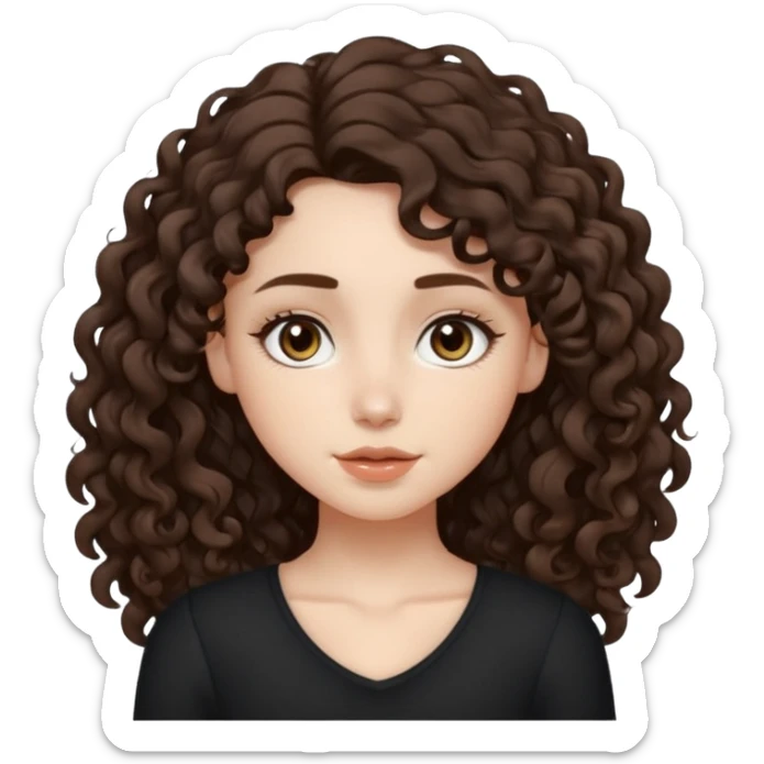 Aesthetic white girl with long curly hair color dark brown, hair most be in front of the shoulders (hair in front of the shoulders, less voluminous). Big almond shape eyes color brown, small wide nose, natural lips, sweet expression. Dressed with a cute tight top color black.  sticker