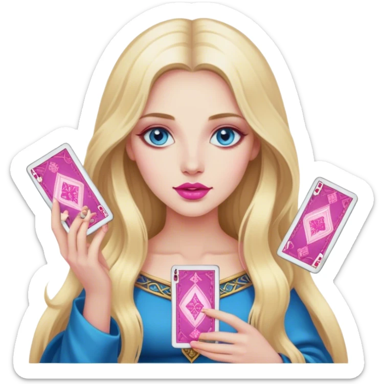 A realistic blonde with long hair and blue eyes and pink lips holds tarot cards in her hands sticker