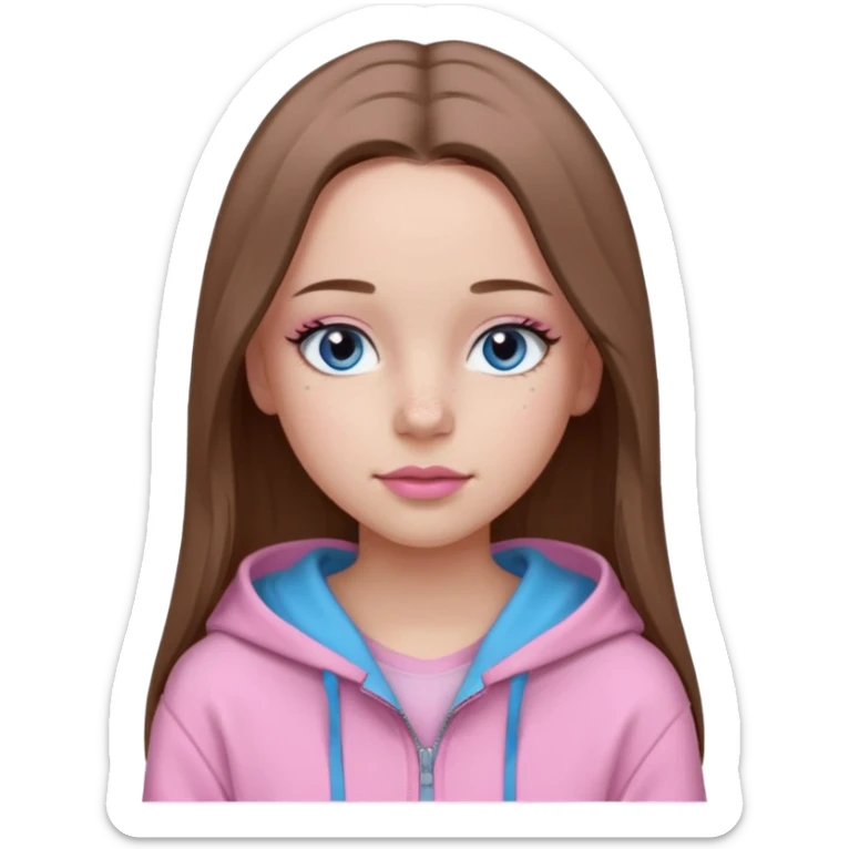 Create a TEENAGE girl with LONG and straight light brunette hair with a middle part, light skin, light freckles, and blue-gray eyes. She will have pink lips and LONG eyelashes. She will be wearing a light pink zip-up hoodie that is off her shoulder. sticker