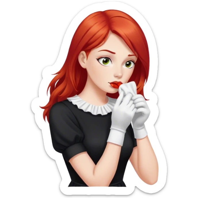 a woman with red hair and red eyes sniffing a white sock. The woman wear a black  dress sticker